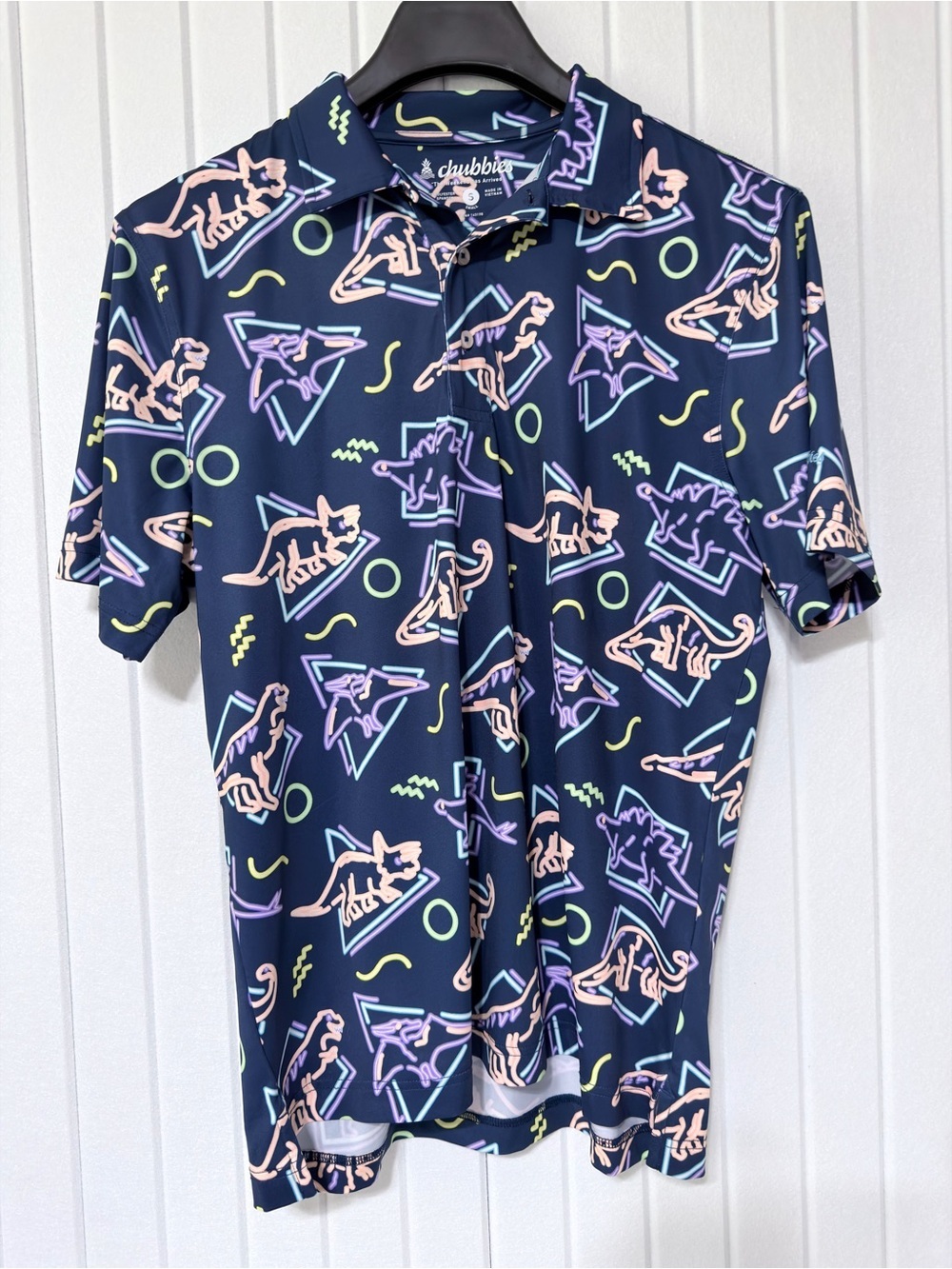 Chubbies Navy Polo with Neon Dinosaur & Geometric Print